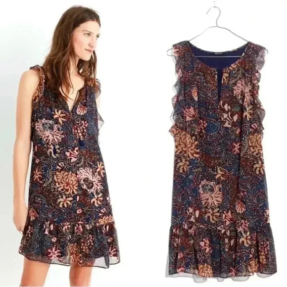 Madewell Dresses & Skirts - Madewell Lily Ruffle Dress in Sea Floral - Flutter Sleeve - Brown Blue - Size XL